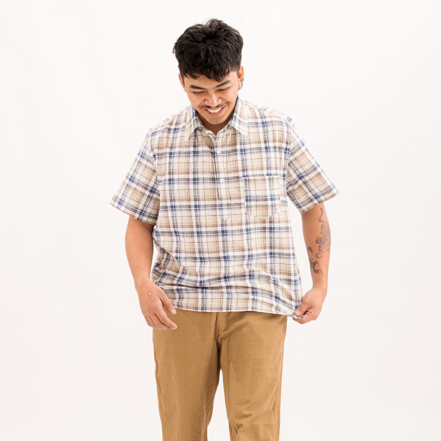 Linen S/S Popover Shirt - Tan Brown Plaid