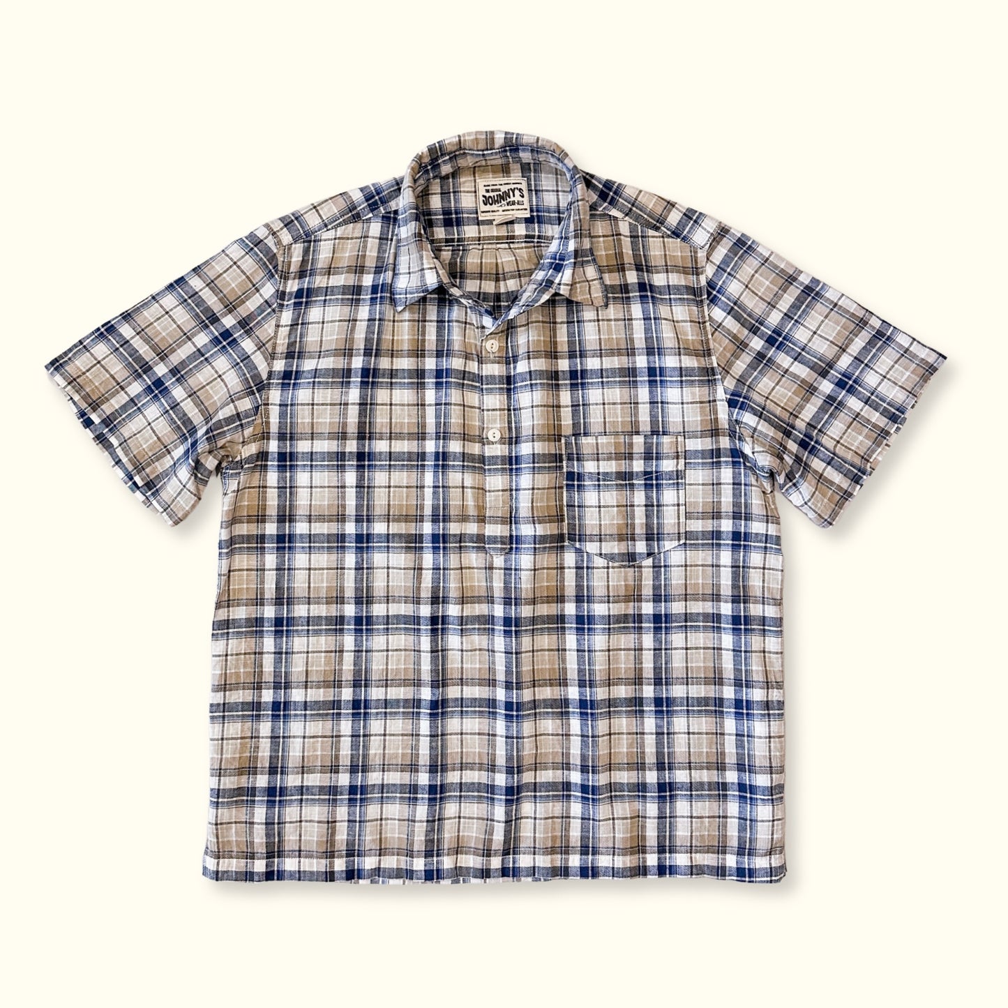 Linen S/S Popover Shirt - Tan Brown Plaid