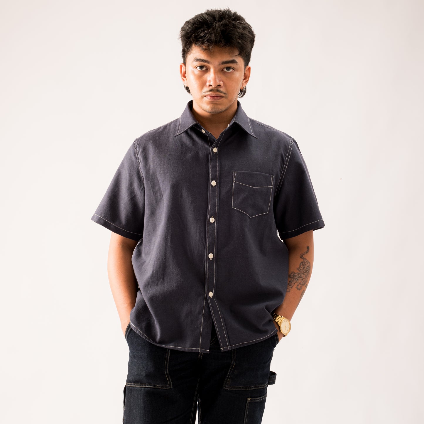 Lightweight Oxford S/S Button Down Shirt - Dark Blue