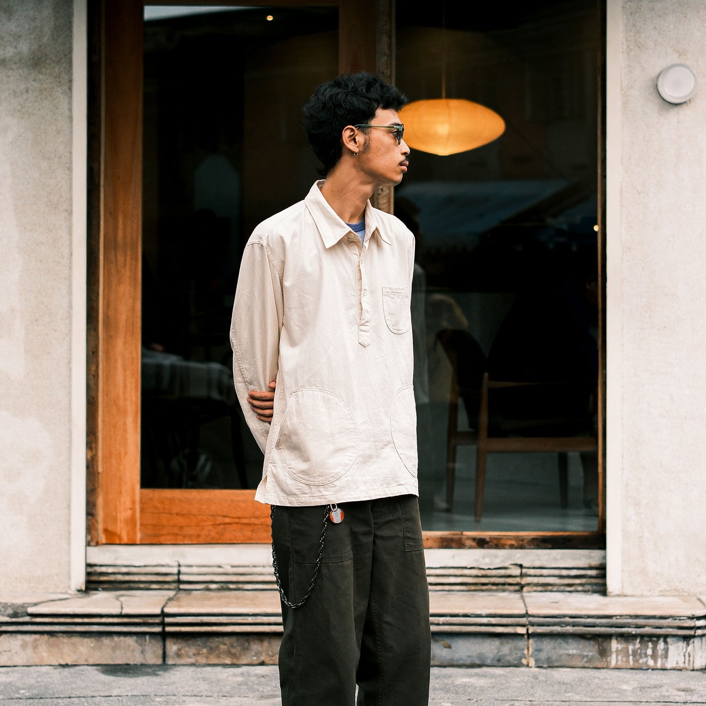 Herringbone Twill Half Placket Overshirt - Natural