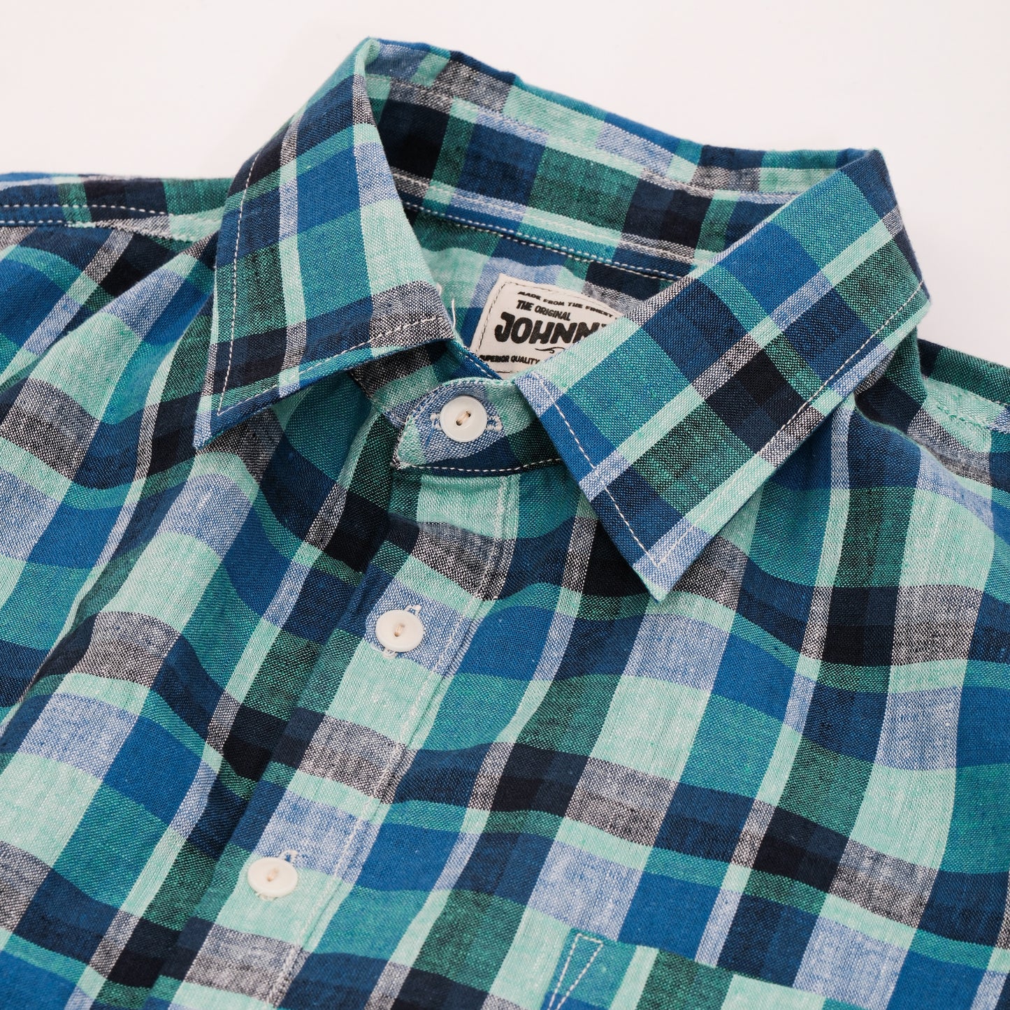 Linen S/S Popover Shirt - Aqua Blue Plaid