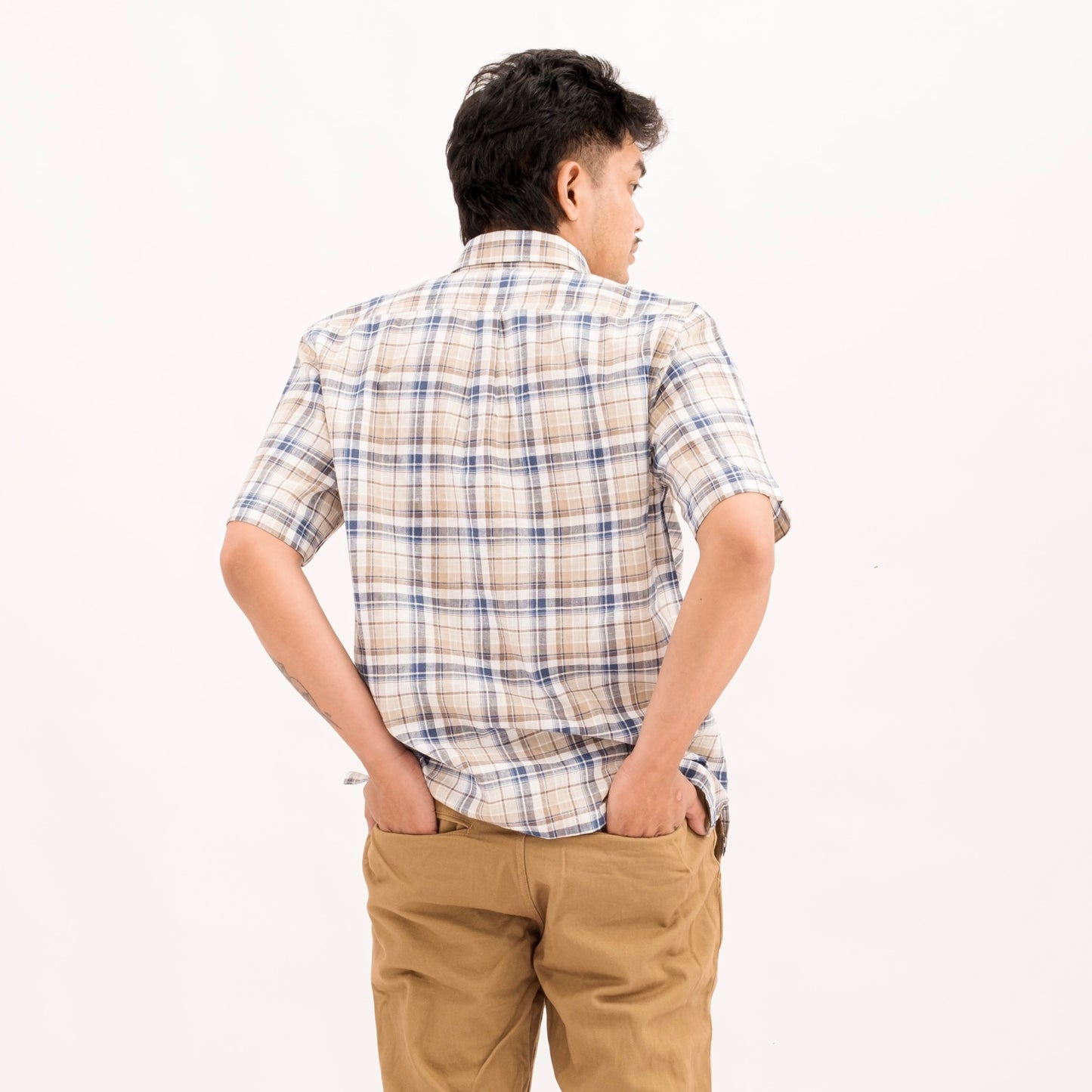 Linen S/S Popover Shirt - Tan Brown Plaid