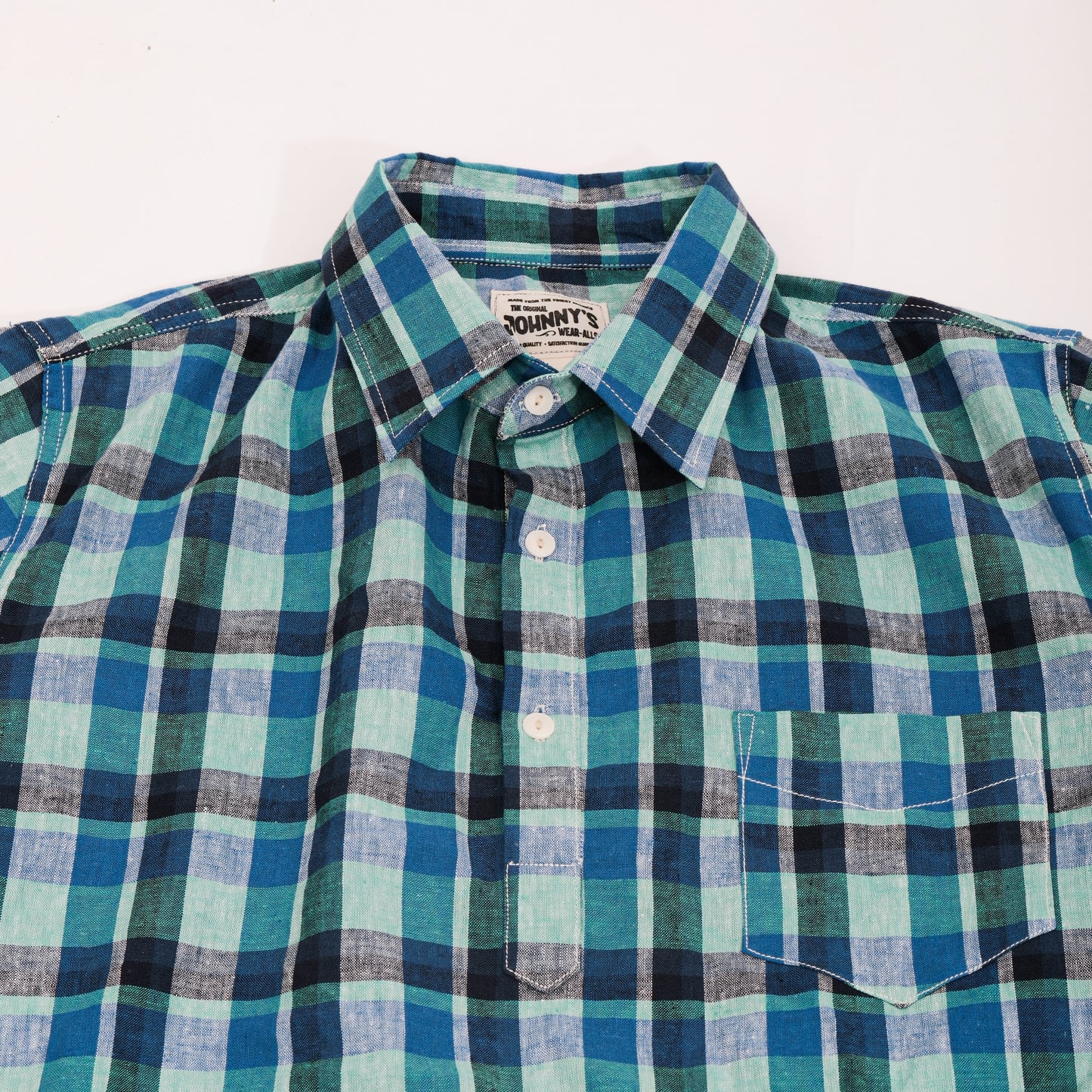 Linen S/S Popover Shirt - Aqua Blue Plaid