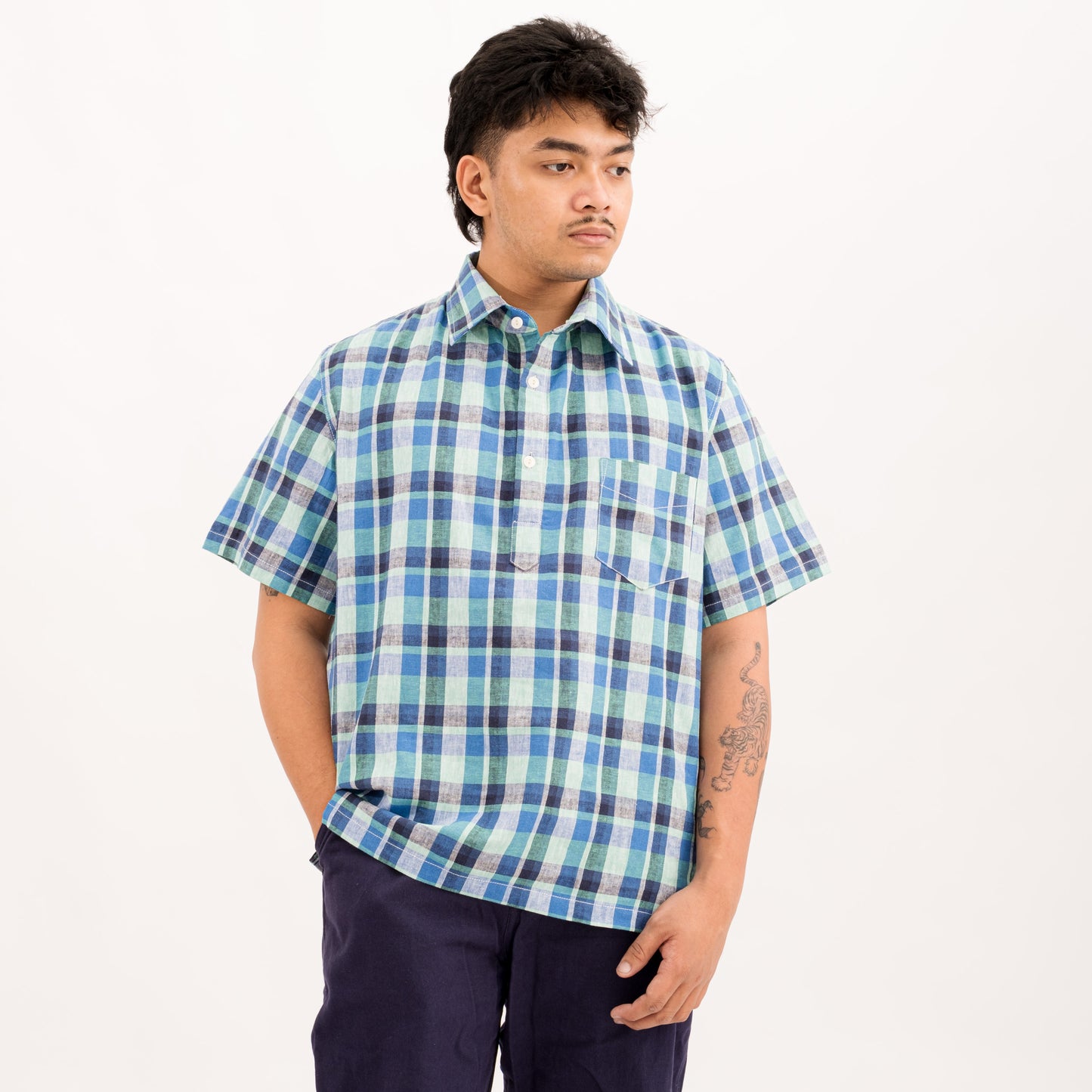 Linen S/S Popover Shirt - Aqua Blue Plaid