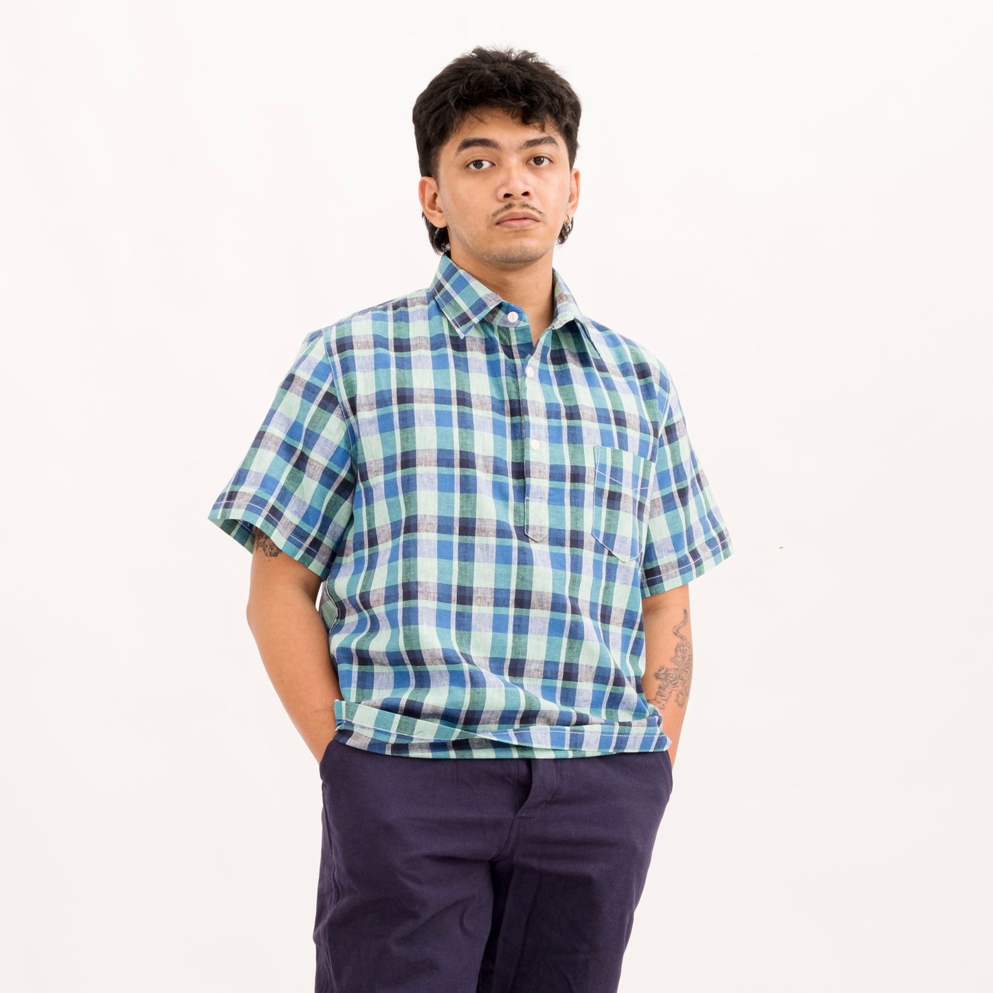 Linen S/S Popover Shirt - Aqua Blue Plaid