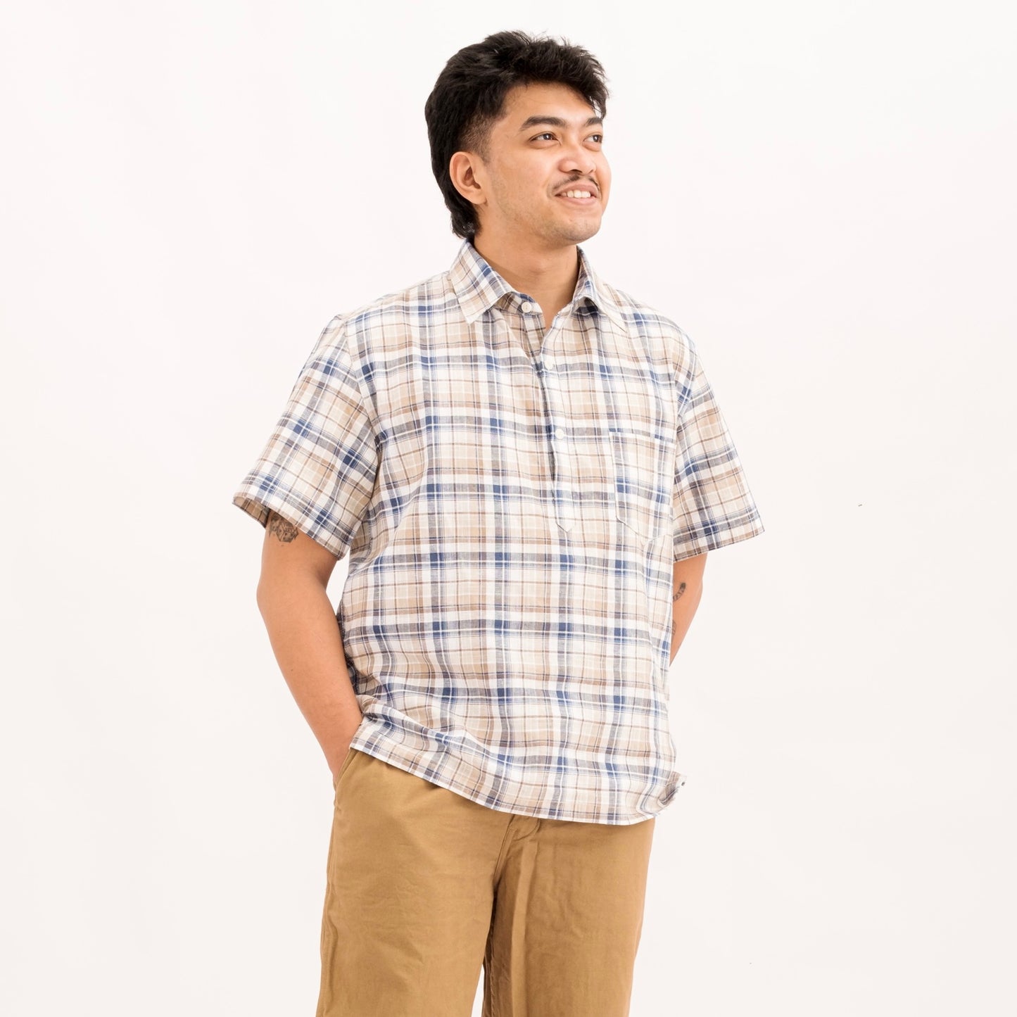 Linen S/S Popover Shirt - Tan Brown Plaid