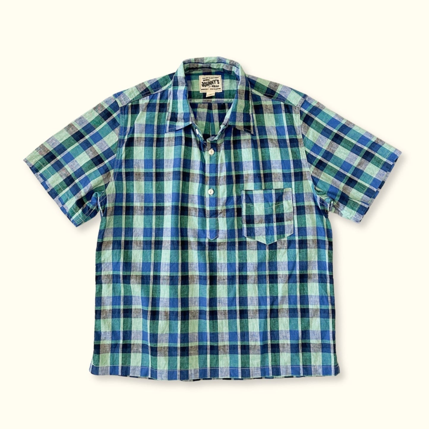 Linen S/S Popover Shirt - Aqua Blue Plaid