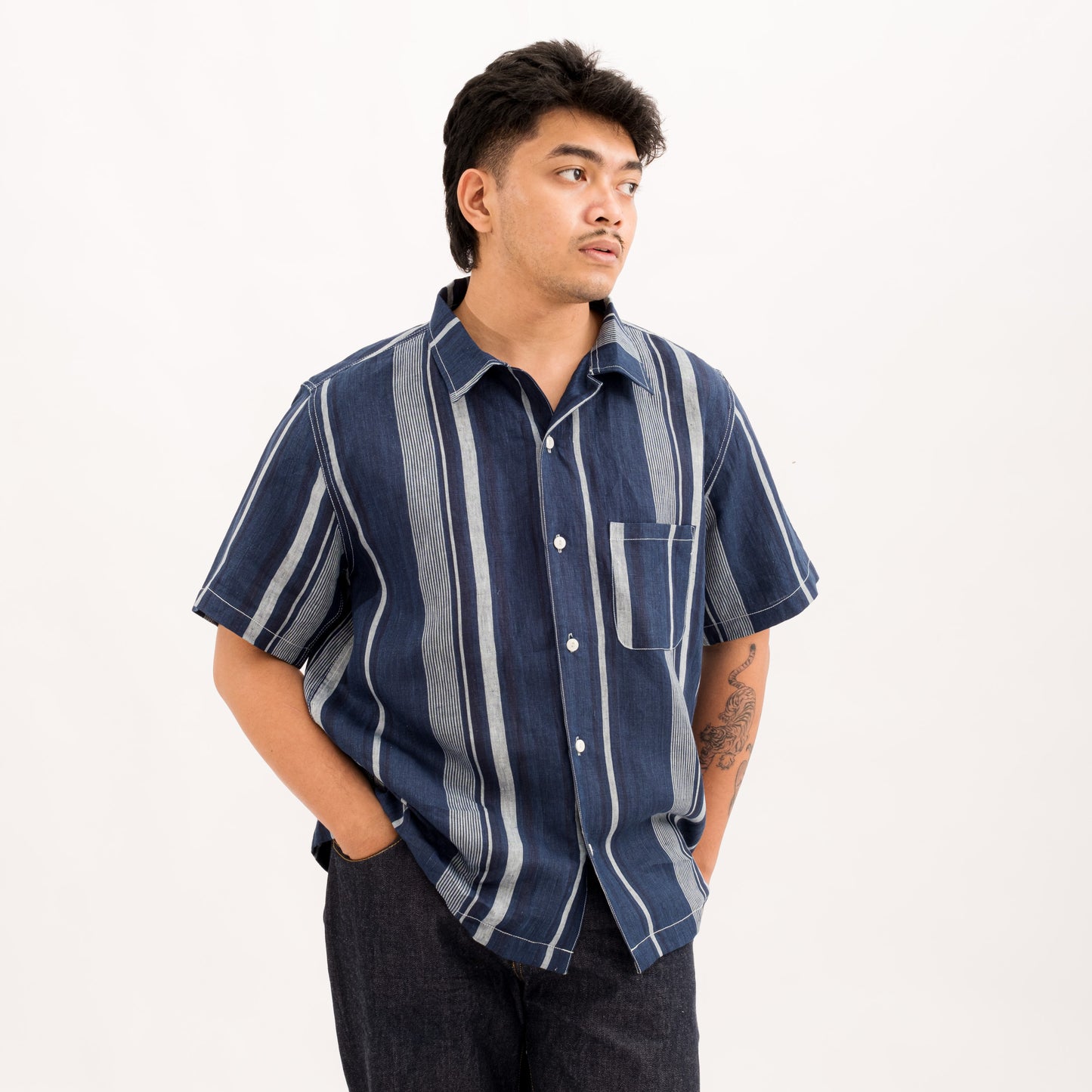 Linen Camp Shirt - Indigo Stripe