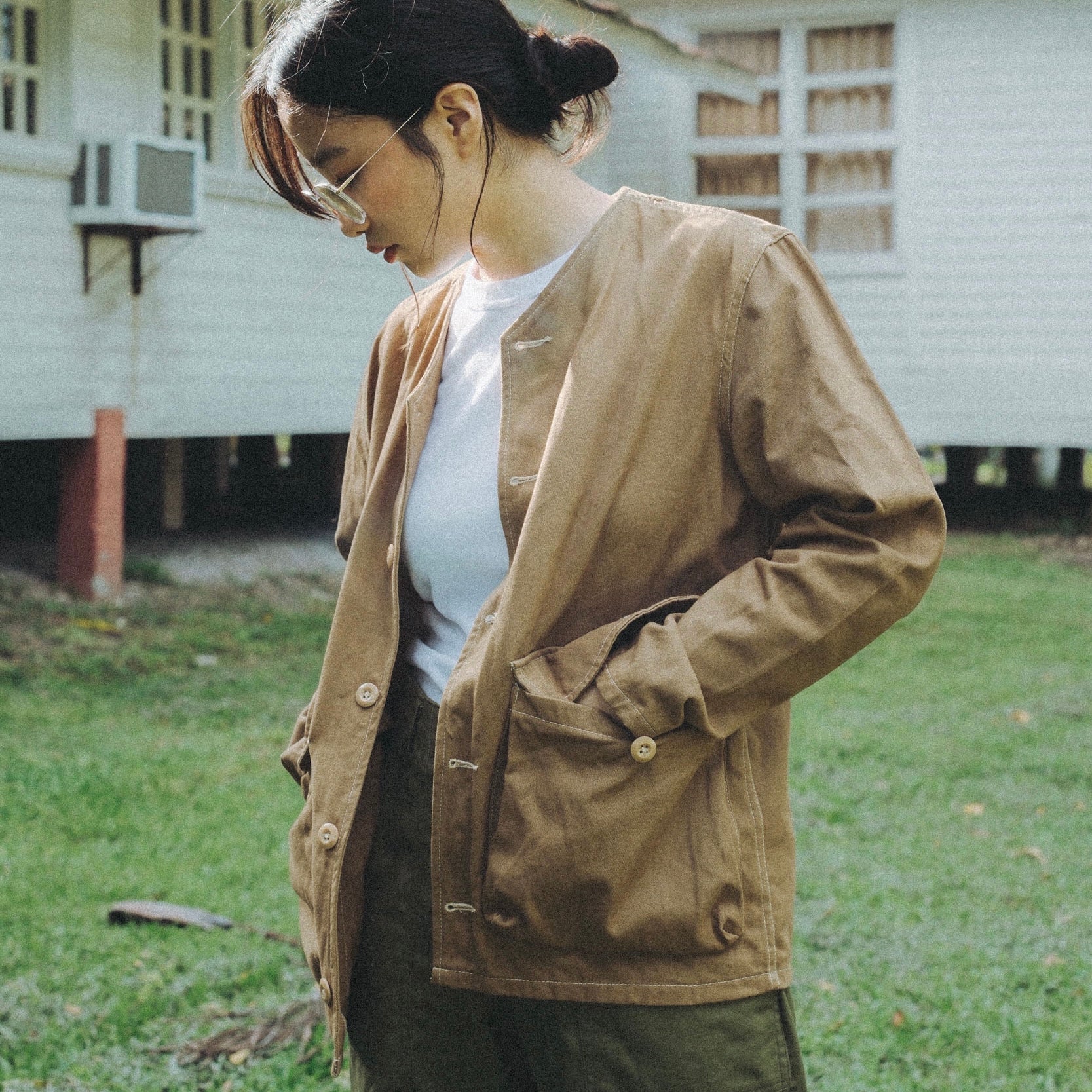 Collarless Twill Jacket - Khaki - Johnny's Wear Alls