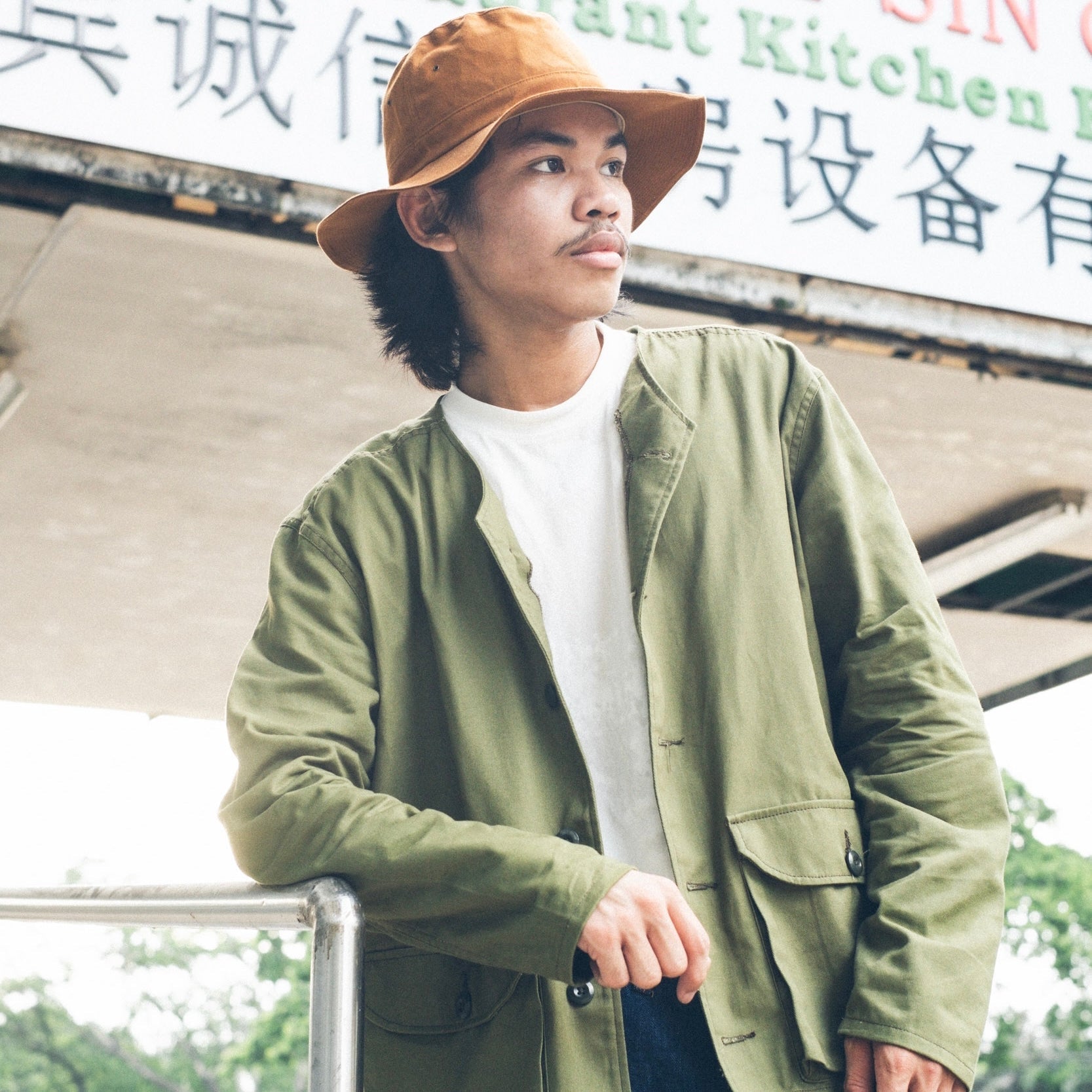 Collarless Twill Jacket - Olive Green - Johnny's Wear Alls