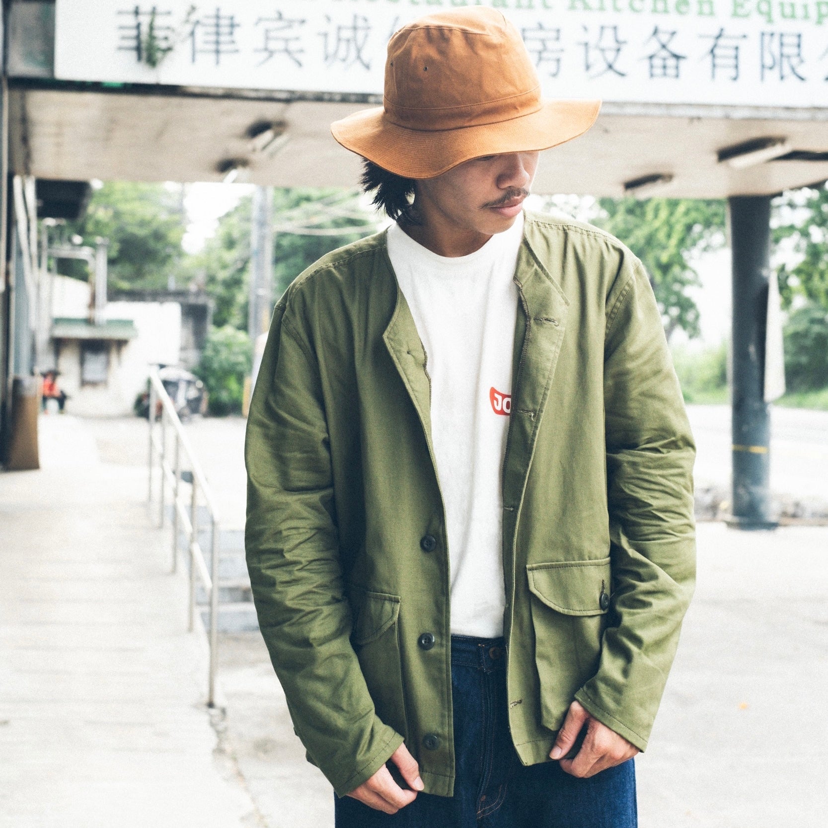 Collarless Twill Jacket - Olive Green - Johnny's Wear Alls