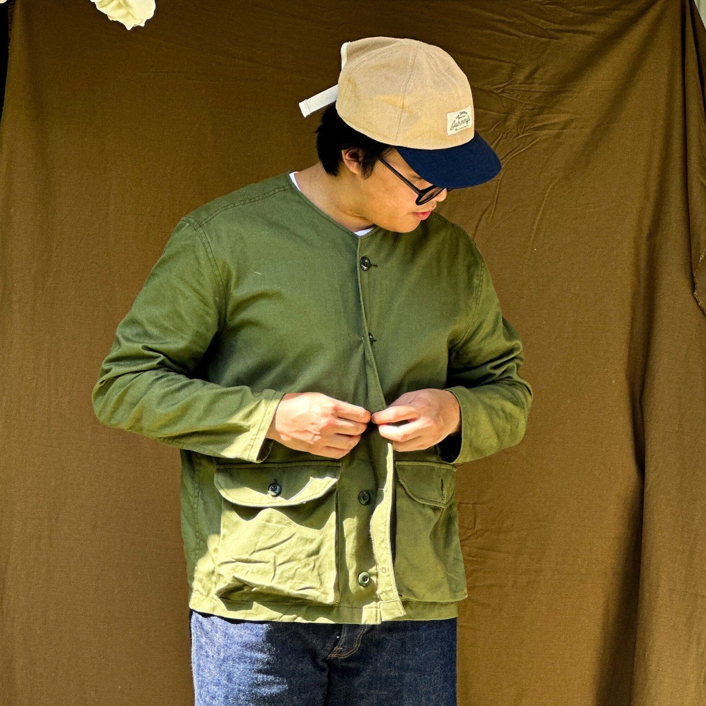 Collarless Twill Jacket - Olive Green - Johnny's Wear Alls