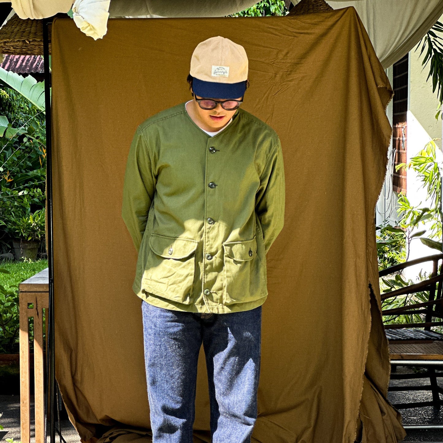 Collarless Twill Jacket - Olive Green - Johnny's Wear Alls