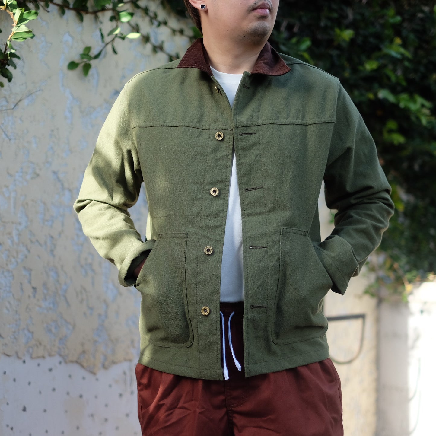 Cord Collar Canvas Work Jacket - Olive Green/Brown