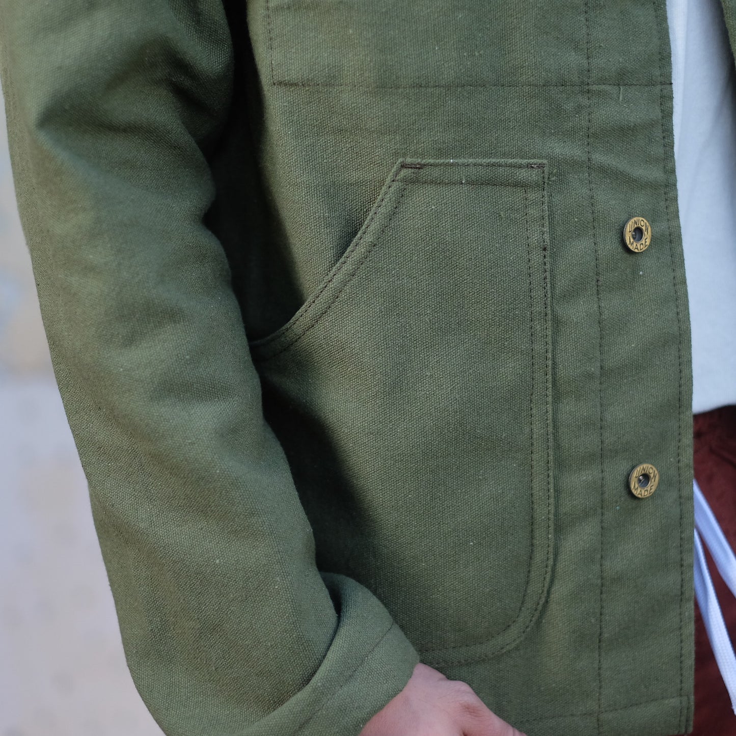 Cord Collar Canvas Work Jacket - Olive Green/Brown