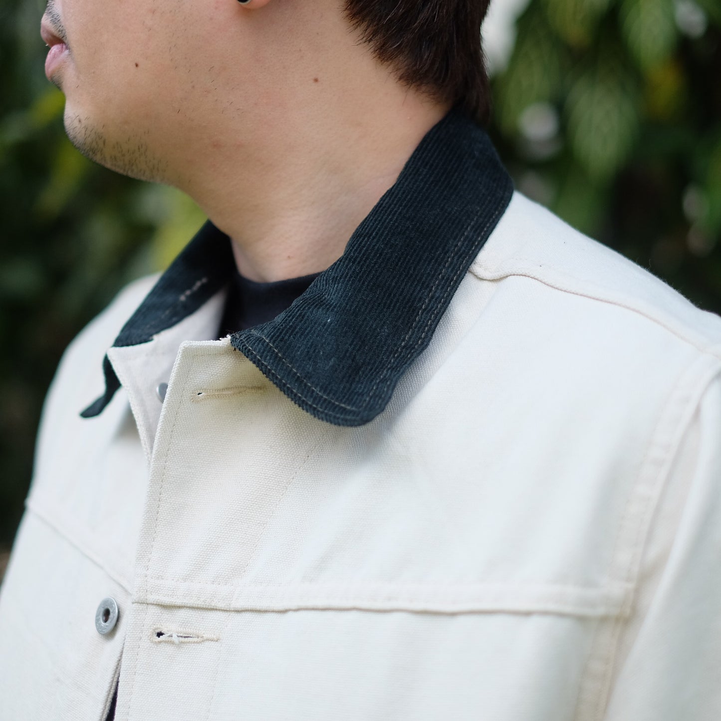 Cord Collar Canvas Work Jacket - Natural/Dark Green