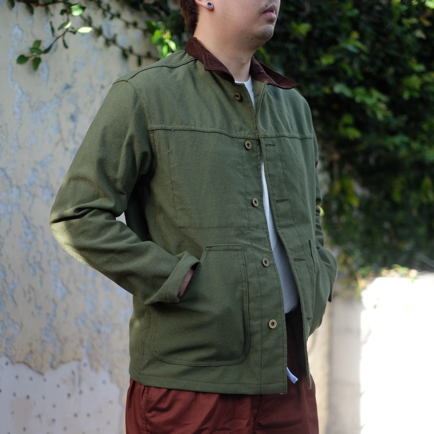 Cord Collar Canvas Work Jacket - Olive Green/Brown