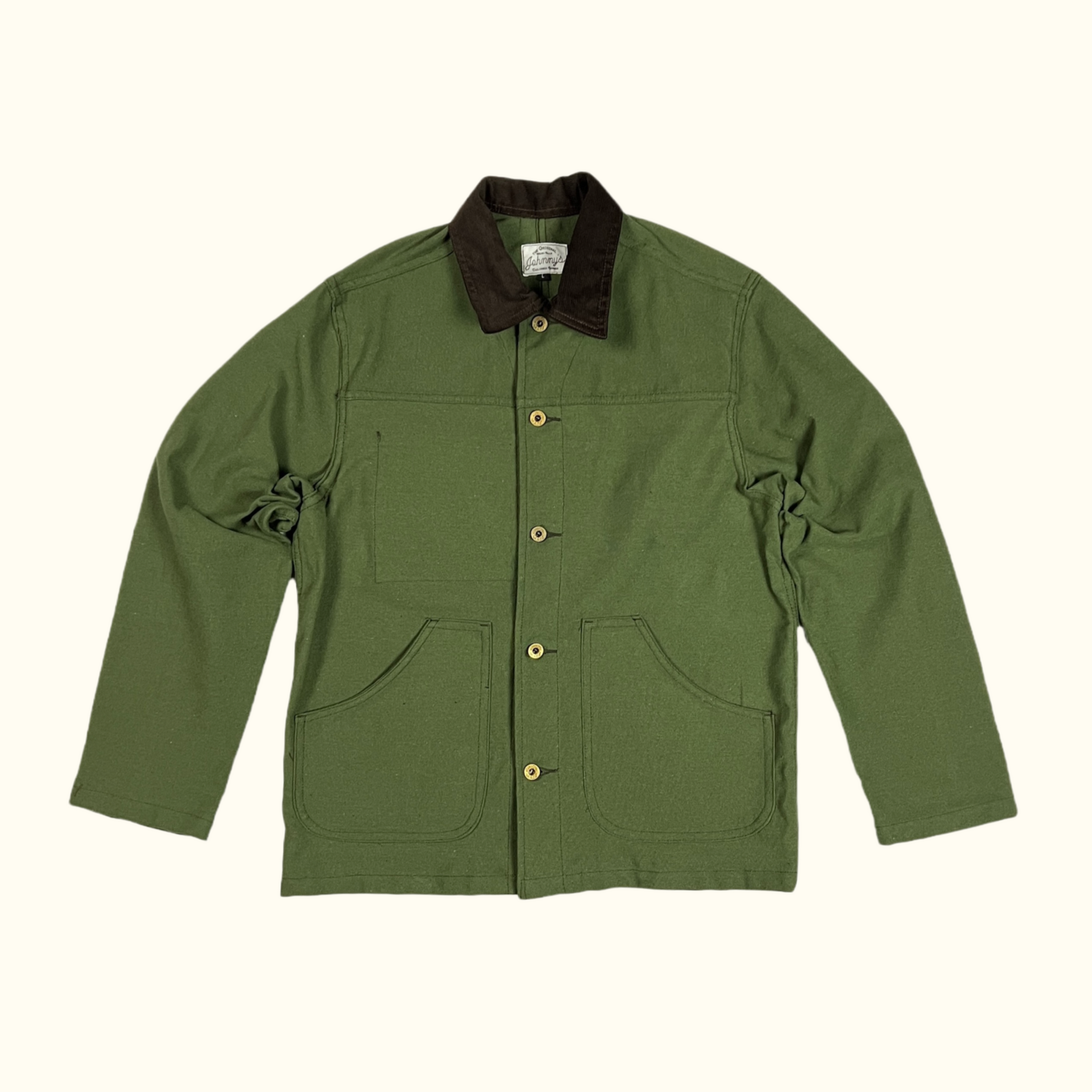 Cord Collar Canvas Work Jacket - Olive Green/Brown