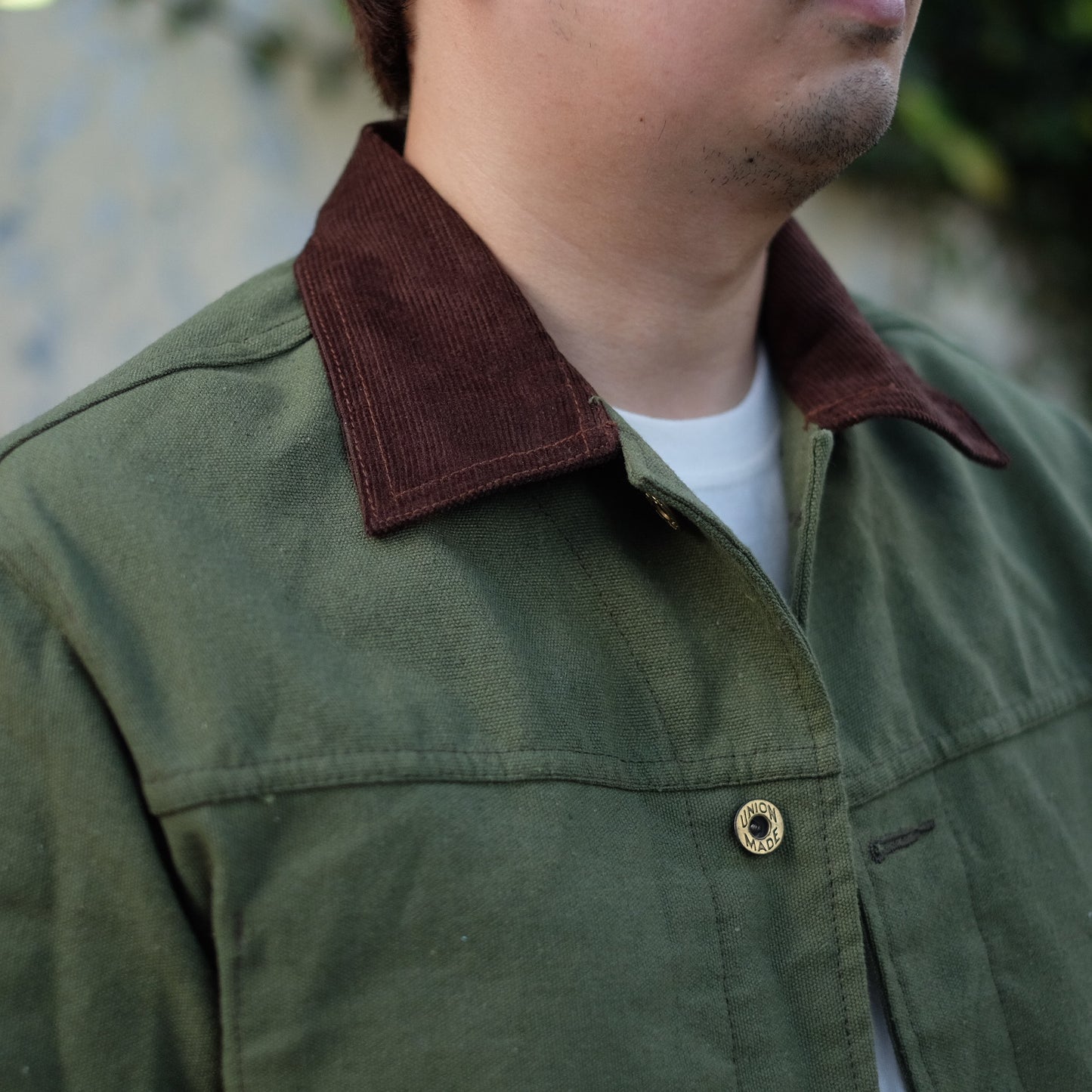 Cord Collar Canvas Work Jacket - Olive Green/Brown