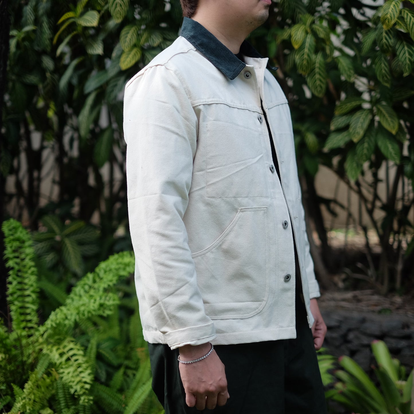 Cord Collar Canvas Work Jacket - Natural/Dark Green