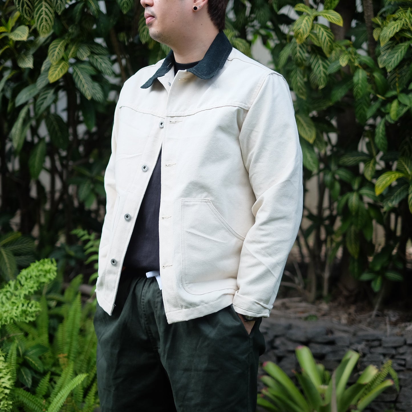 Cord Collar Canvas Work Jacket - Natural/Dark Green