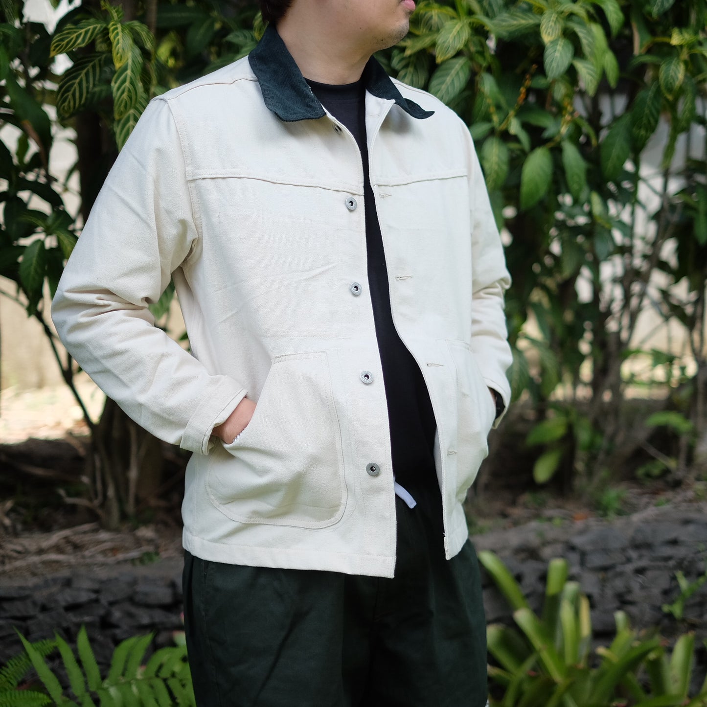 Cord Collar Canvas Work Jacket - Natural/Dark Green