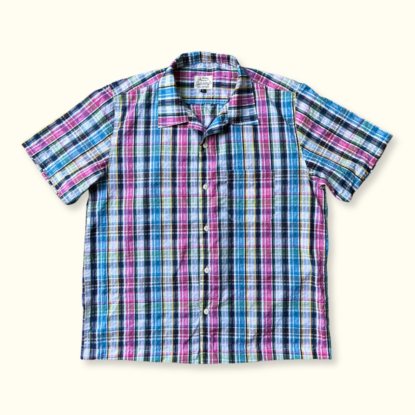 Seersucker Camp Shirt - Plaid Blue/Pink - Johnny's Wear Alls