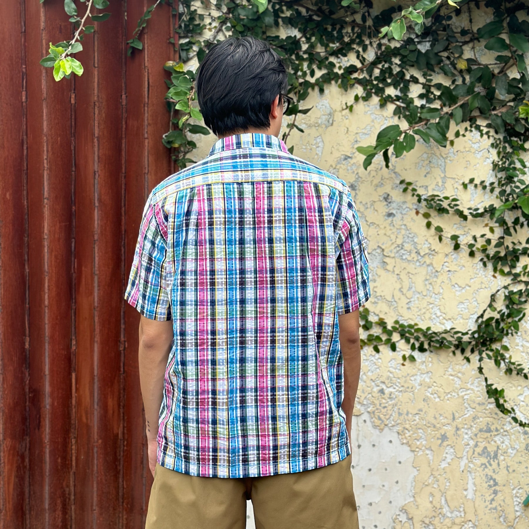 Seersucker Camp Shirt - Plaid Blue/Pink - Johnny's Wear Alls