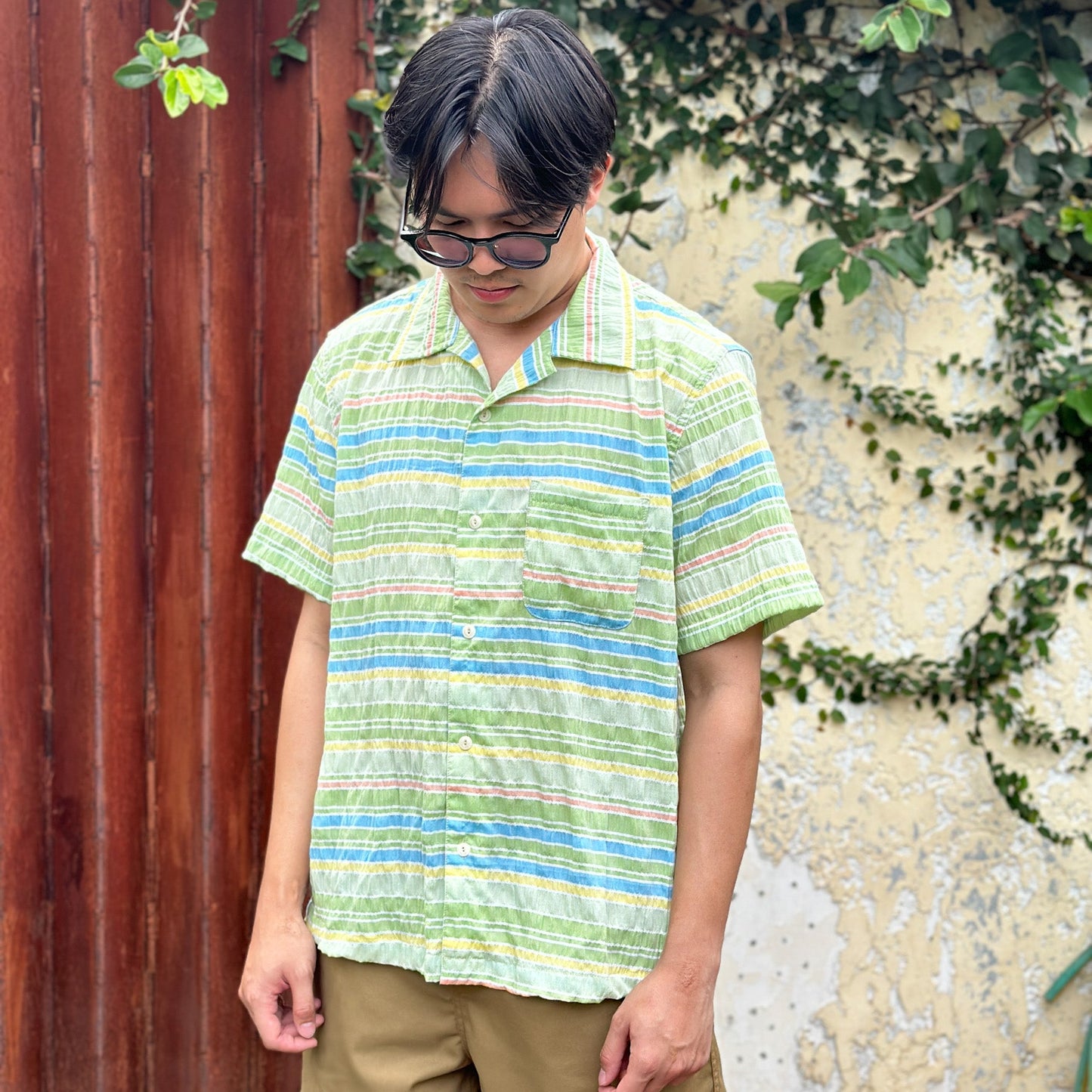 Seersucker Camp Shirt - Striped Green - Johnny's Wear Alls