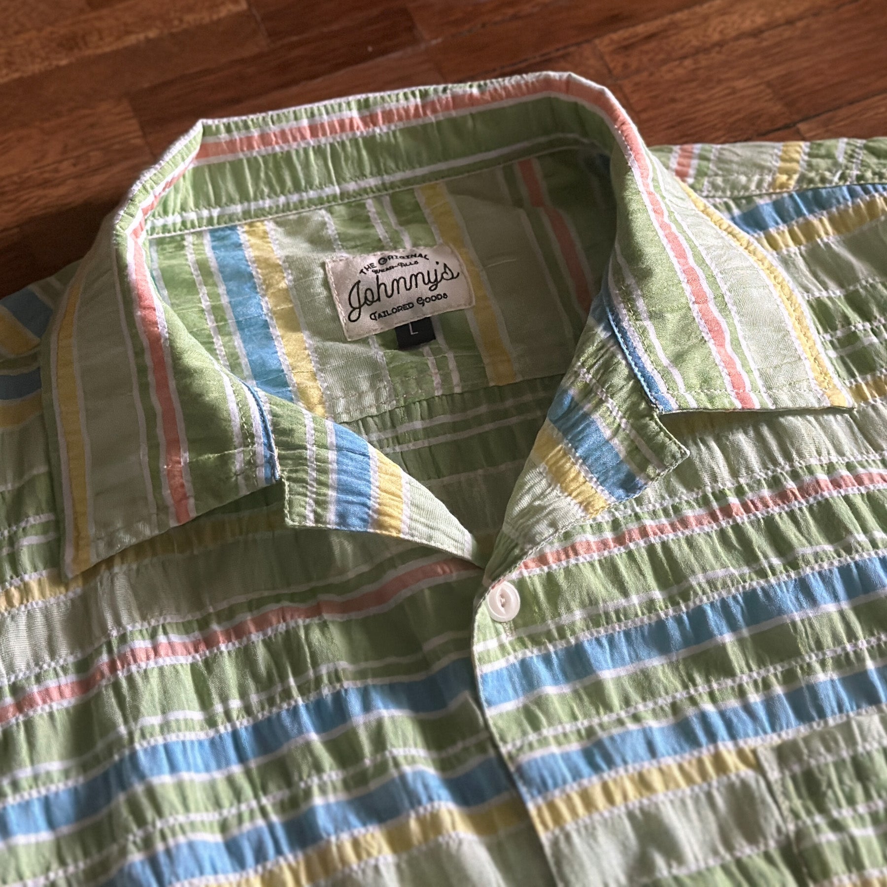 Seersucker Camp Shirt - Striped Green - Johnny's Wear Alls